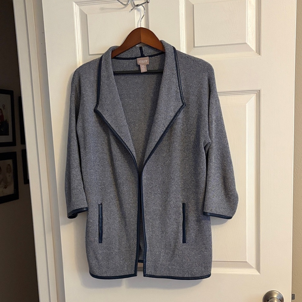 Chico's navy blue and white oversized sweater jacket with faux leather trim